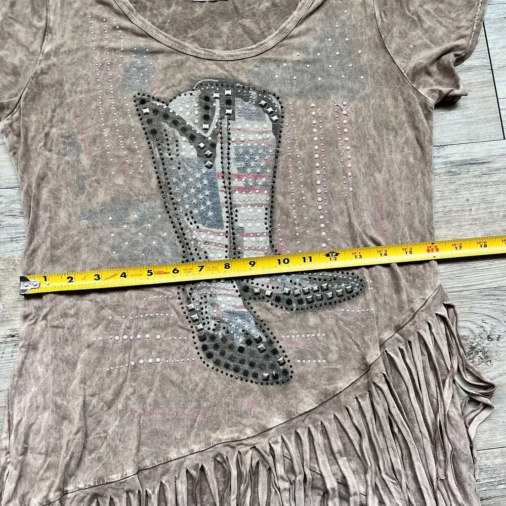 Vocal USA Cowboy Fringe Gem Top Western Rhinestone Boot Graphic Affliction M L - Picture 10 of 10